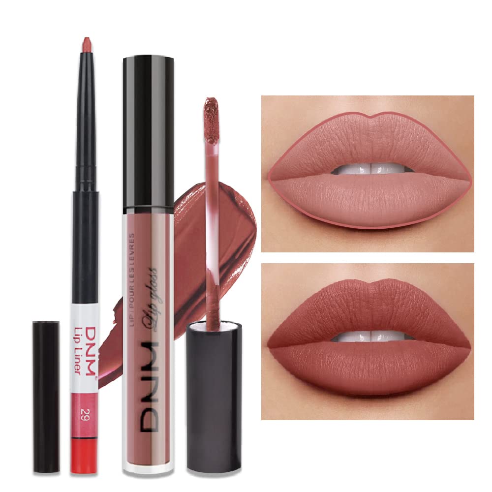 2pcs Matte Light Rosey Nude Lip Liner and Lipstick Makeup Set Liquid Lipstick 24H and Lip Liner Set Matt Ink Liquid Lips Make Up Waterproof Long Lasting High Impact Color Seductress (#29)