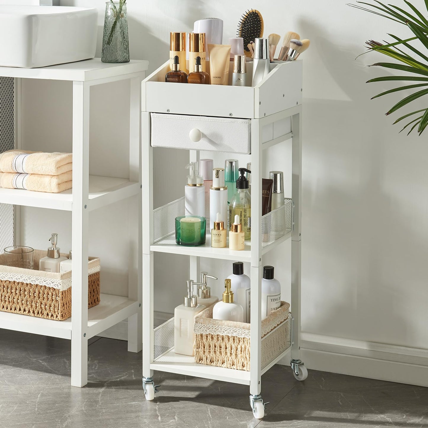 HUSHEDIFY Makeup Organizer Cart3 Tier Floor Make up Storage Stand with Drawer Free Standing Skincare Cosmetic Display Holder with Wheels for Vanity Bedroom Dresser Bathroom(White)